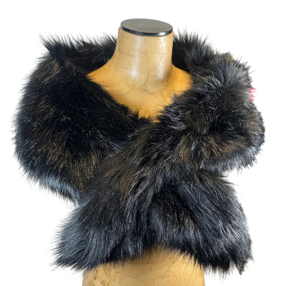Black Faux Fur Stole Wrap Scarf Shrug Satin Lined One Size Formal Evening Wear